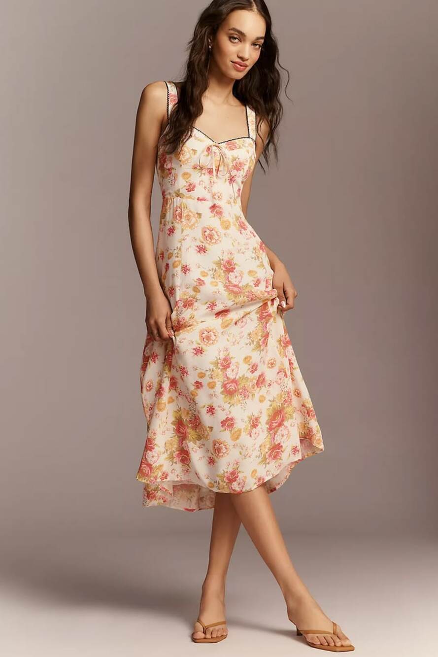 New Anthropologie Maeve Sweetheart Printed Midi Dress $178 LARGE Ivory & Pink